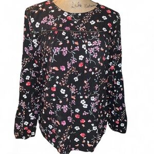 Black Floral Boho Blouse Cottagecore Indie Sleaze Long Sleeve Top M/L